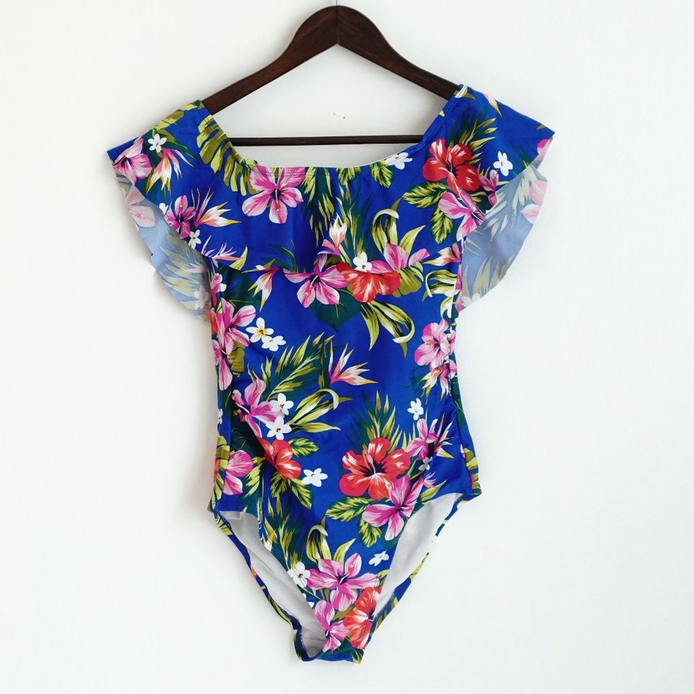 Blue Floral Off The Shoulder Swimsuit Small